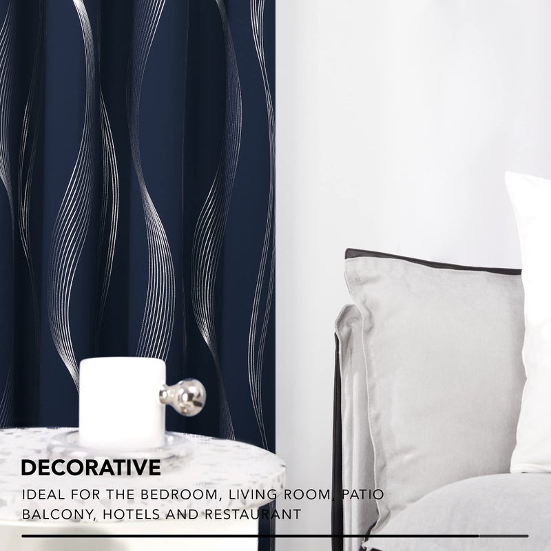 Deconovo Navy Blue Blackout Curtains 2 Panel Set for Bedroom, Thermal Insulated Grommet Room Darkening Window Drapes for Living Room, Silver Wave Foil Print, 52W x 84L Inch - Image 4